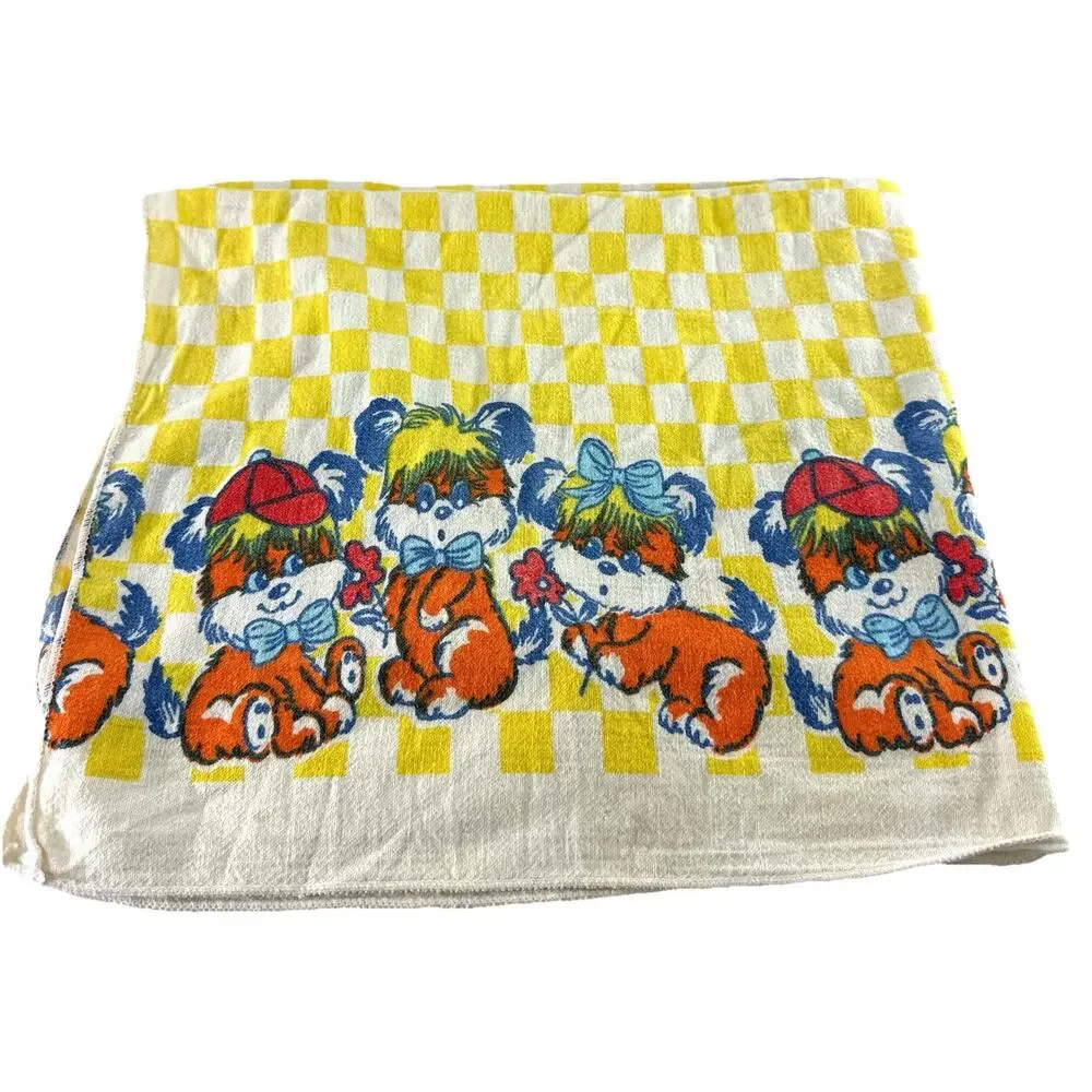 Vintage Puppy Dog Baby Blanket Terrycloth Yellow Checkered Retro Nursery 28x34